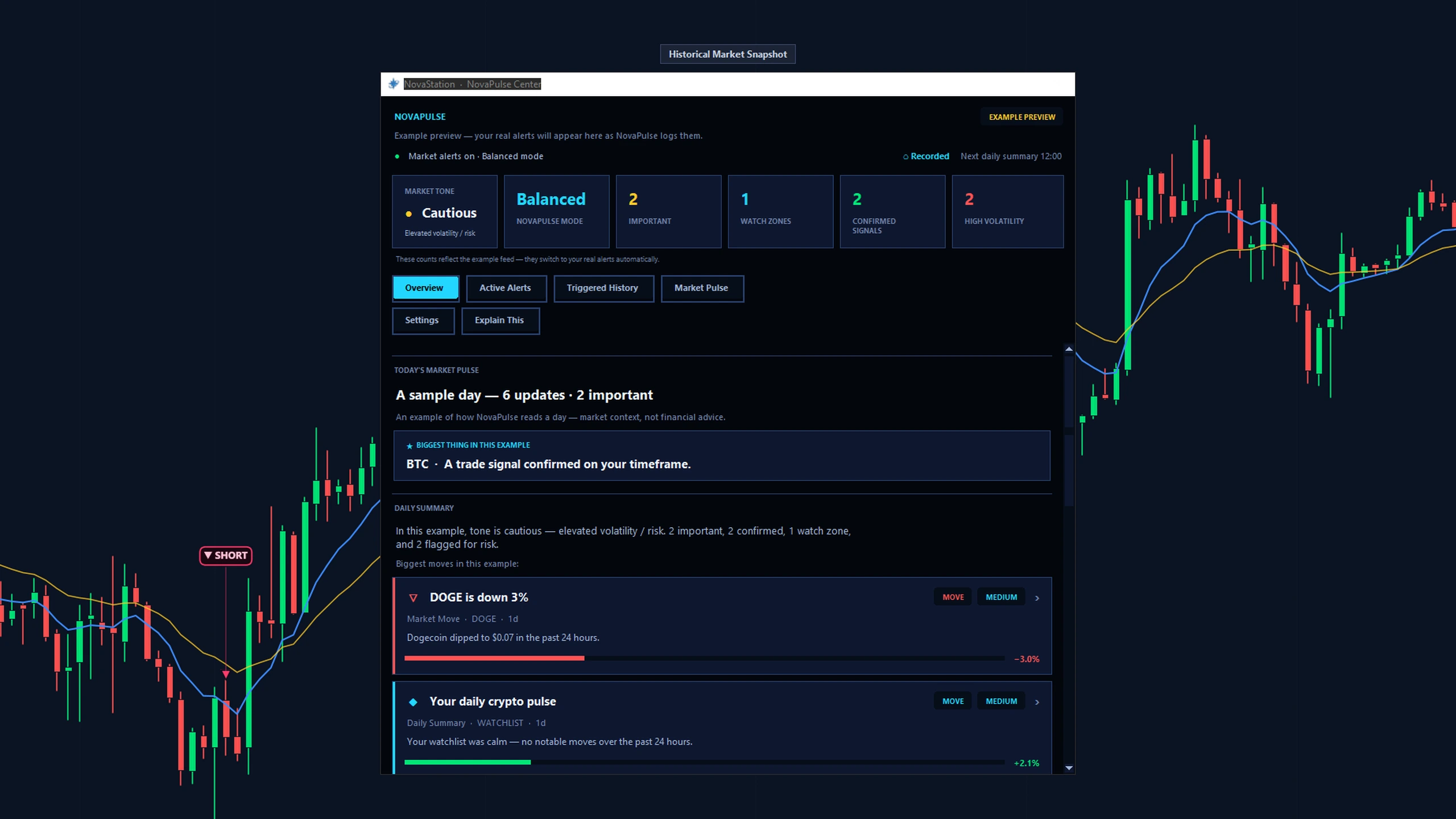 The NovaStation NovaPulse Center in its example-preview state, over a recorded market snapshot: market tone, alert mode, and counts for important, confirmed, watch-zone and high-volatility items; tabs for overview, active alerts, triggered history and market pulse; and a sample day's feed. The window states that this is an example preview and that your own alerts replace it as NovaPulse logs them.