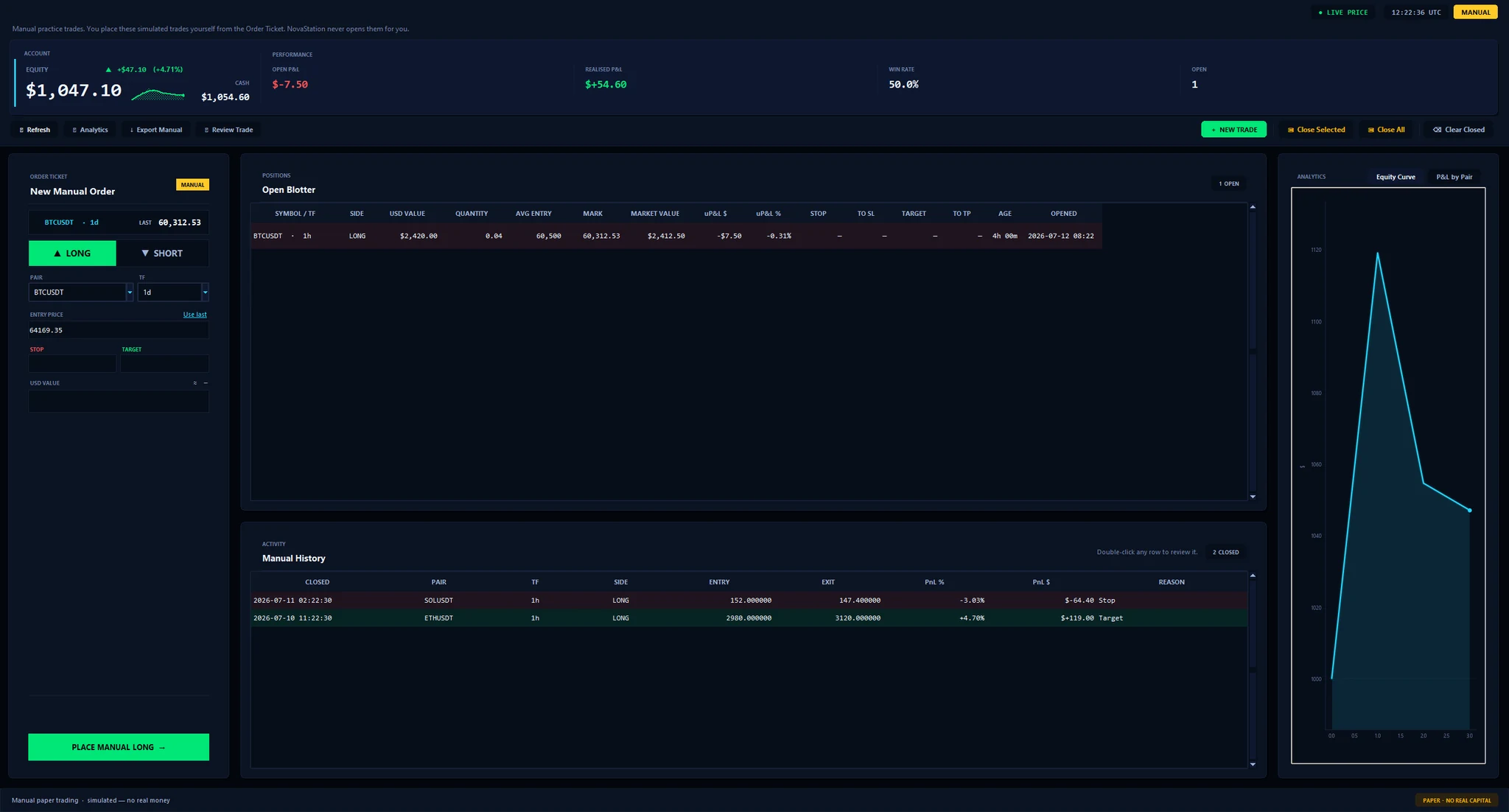 NovaStation simulated paper-trading workspace with an order ticket, open positions, history and an equity curve.