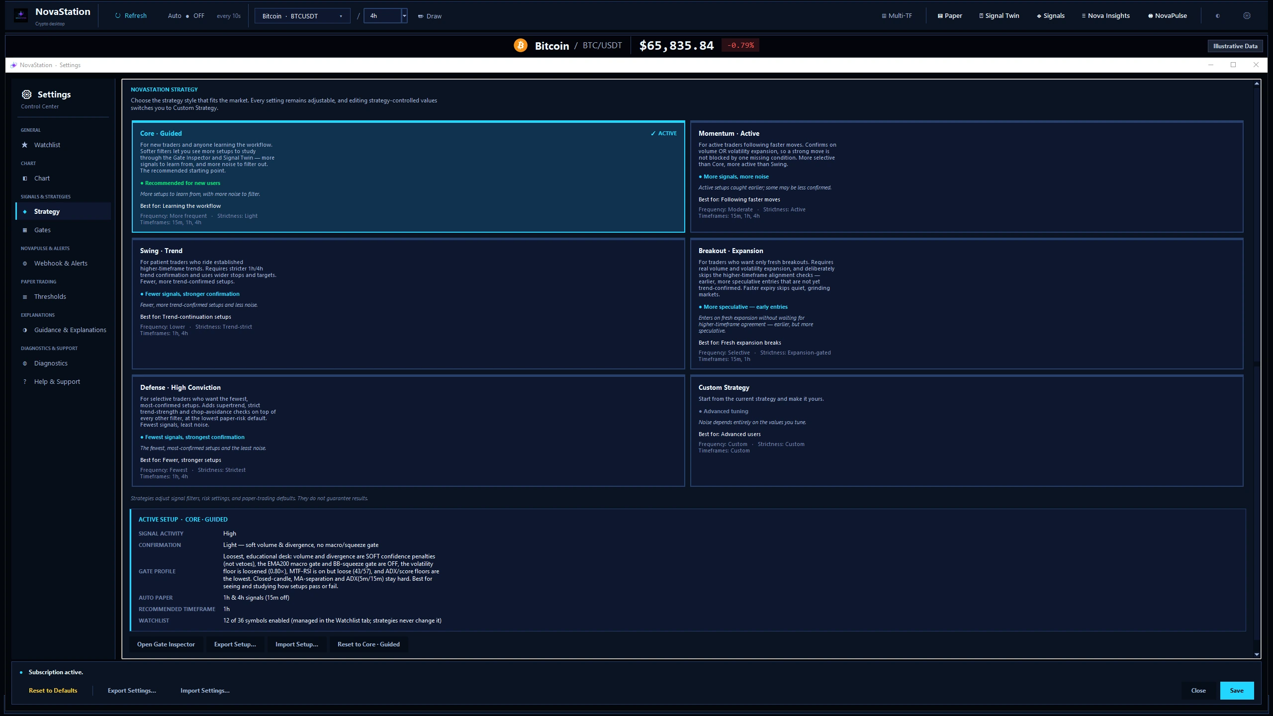 The NovaStation Strategy settings screen in dark mode: six preset cards — Core · Guided (active), Momentum · Active, Swing · Trend, Breakout · Expansion, Defense · High Conviction and Custom Strategy — each describing who it is for and its tradeoff in signal frequency, strictness and timeframes, above a summary of the active setup and a note that strategies do not guarantee results.