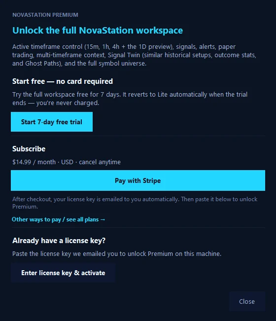 The NovaStation Subscribe / Activate screen: a Start 7-day free trial button with no card required, Pay with Stripe at $14.99 per month with cancel anytime, a note that the license key is emailed automatically after checkout, and an Enter license key and activate button.